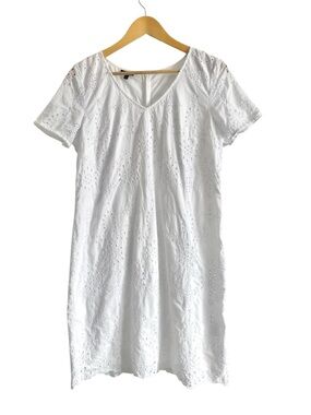 Talbots White Eyelet Summer Cotton Dress Short Sleeve Cottagecore Boho Sz 12